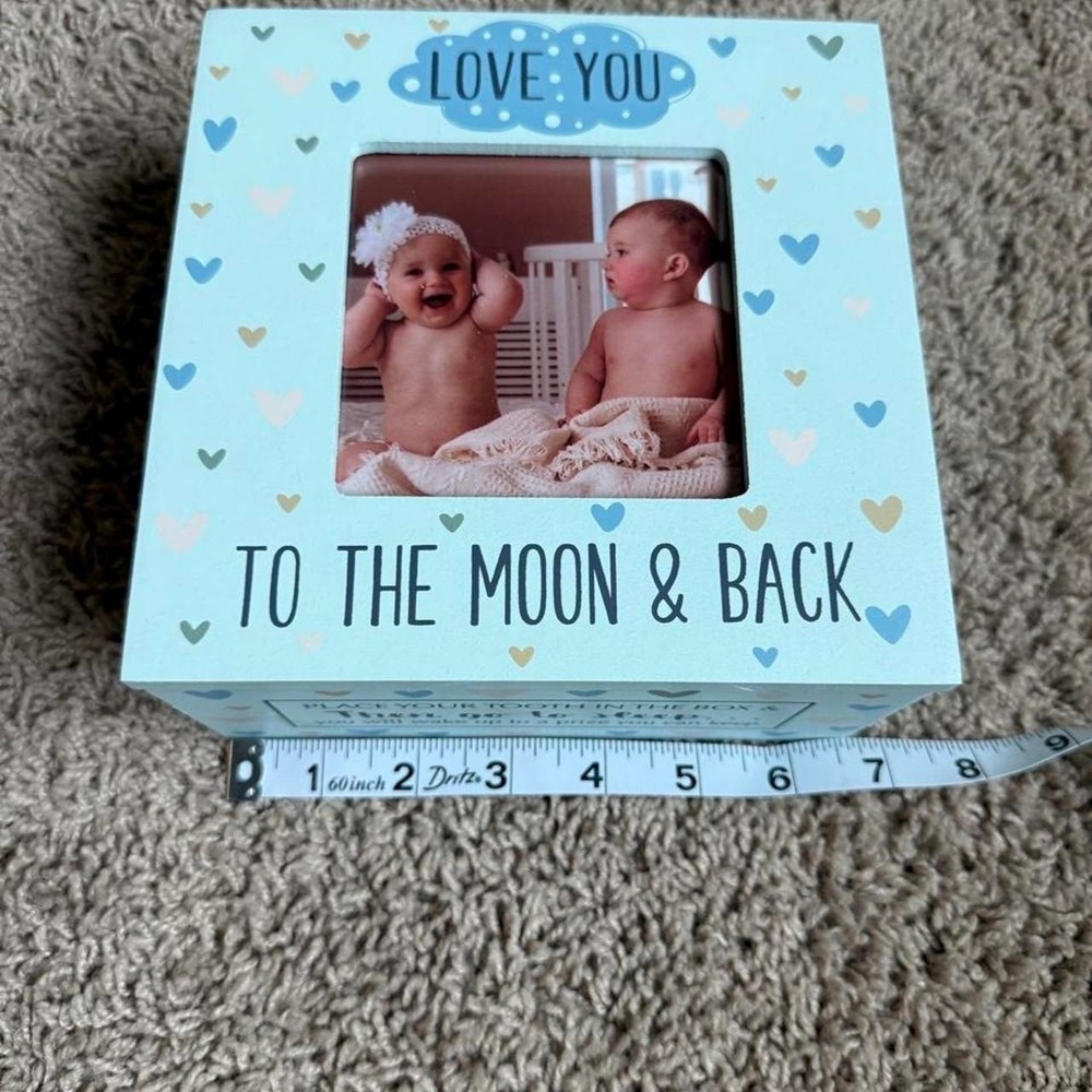 Wooden Baby Tooth Fairy Keepsake Box w/ Photo Frame Memory Box Blue Hearts NEW